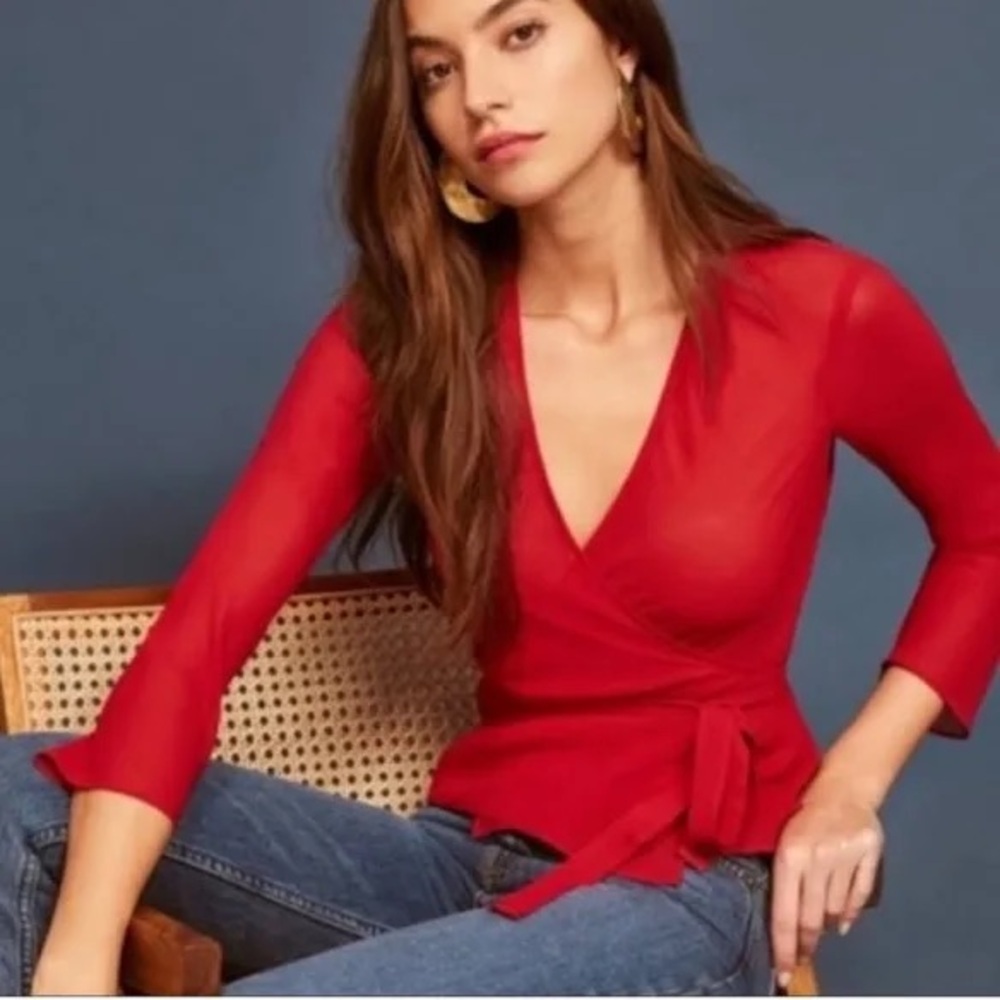 REFORMATION Red Valentine Holiday Date Party Festive “Cherie” Wrap Top - Picture 3 of 10